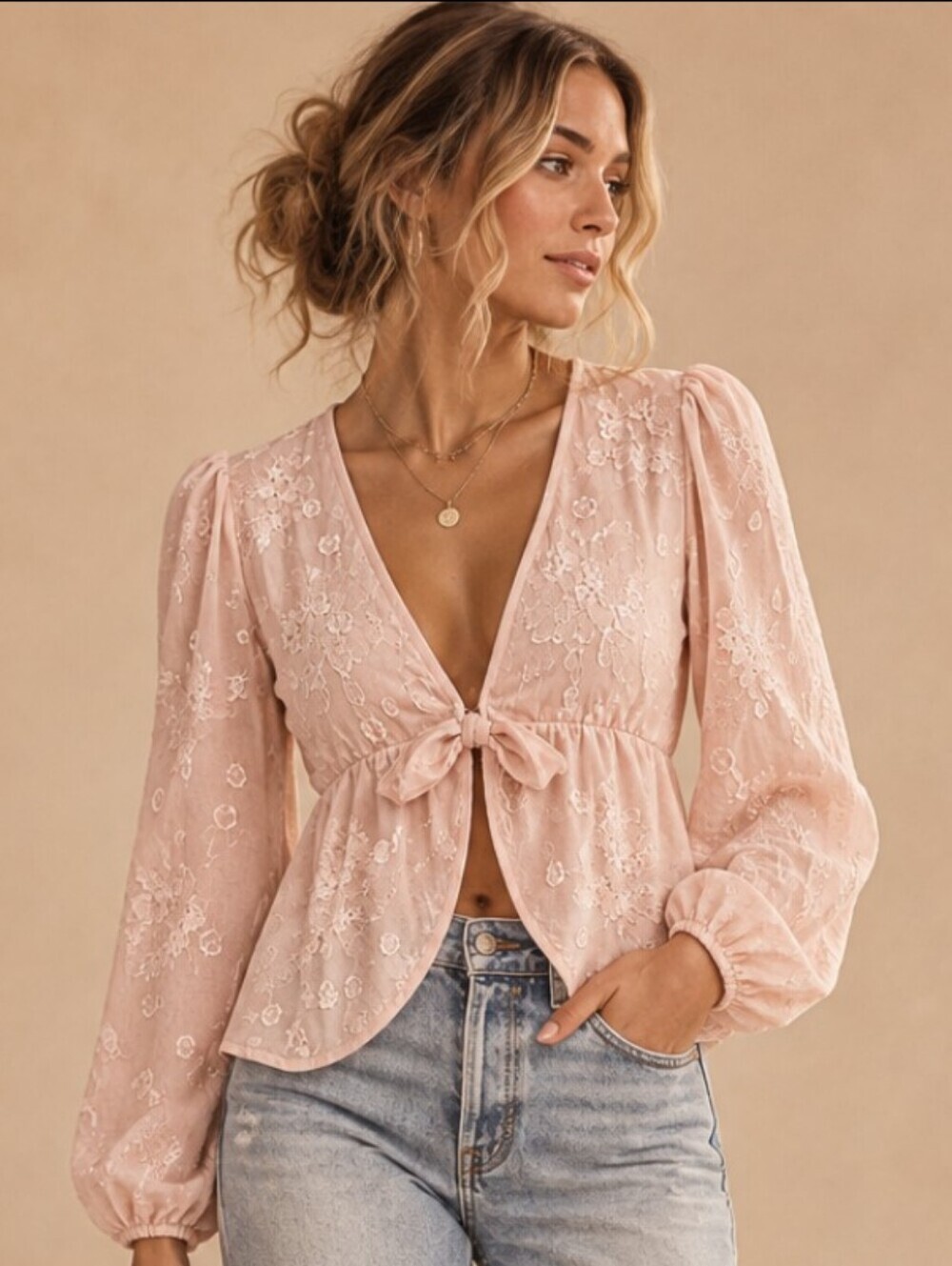 Mi Ami for Francesca's Blush Pink Floral Boho Tie-Front Blouse XL NWT
